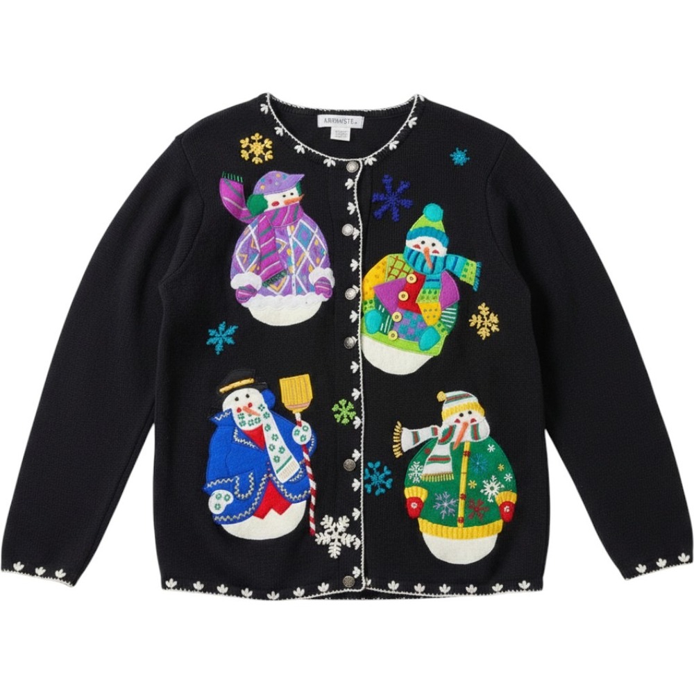 Arriviste Womens Snowman Christmas Sweater Cardigan Black Beaded Medium